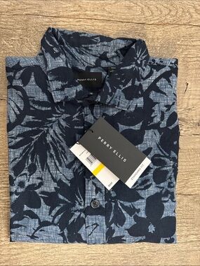 Perry Ellis Navy and Light Blue Floral Button-Down Shirt